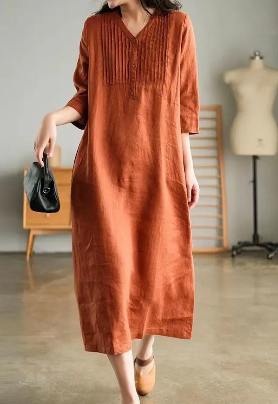 100 Linen Loose Dress Linen Half Buttoned Summer Gown White Brown