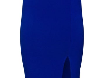 Women Pencil Skirt, Blue Jersey Fabric Knee Length Pencil Skirt With Front Side Slit