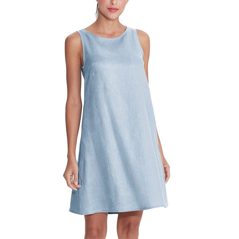 100% Linen Pink Sleeveless Mini Dress Women Summer Dress Ladies Flax Sleeveless Short Dress Light Blue