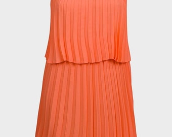 Pleated Dress 2-Piece Like Women Dress Orange Pleated Ladies Loose Dress Girls Evening Sleeveless Strap Dress