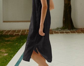 100% Linen Midi Dress with Adjustable Strap, Linen Summer Dress, Linen Nightgown, Loose Linen Dress, Midi Dress, Women Side Slit Dress