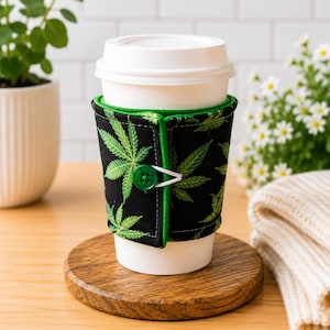 Fabric coffee sleeve, adjustable cozy for hot cups, washable, eco-friendly