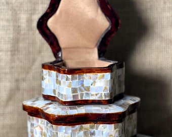 Mosaic Mother of Pearl Jewelry Box Set: Art Deco Velvet Interior, Handmade