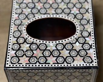 Mother of Pearl Inlaid Tissue Box: Handmade Art Deco Wooden Cover