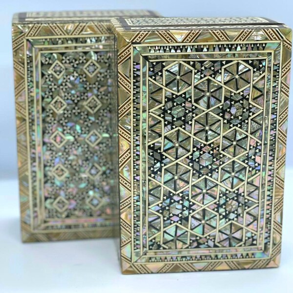 Boîte à bijoux en mosaïque, motif arabesque vintage, incrustation de nacre, fait main avec intérieur en tissu velours, idée cadeau !