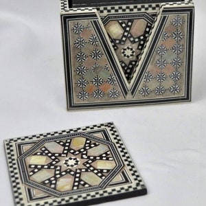 Handmade Mother of Pearl Coaster: Arabesque Art Deco Wooden Coasters