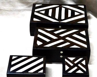 Handmade Ebony Jewelry Box Set: Art Deco Abstract Design