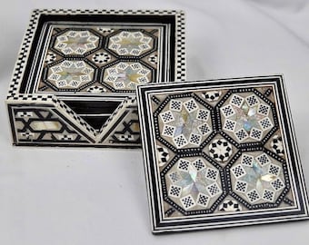 Mother of Pearl Inlaid Coasters: Floral Arabesque Mosaic Drinkware