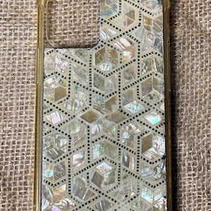 Handmade Mother of Pearl Phone Case, iPhone 13 Pro Phone Case, Geometric Iridescent Phone Cover, Personalized Golden Phone case, Gift