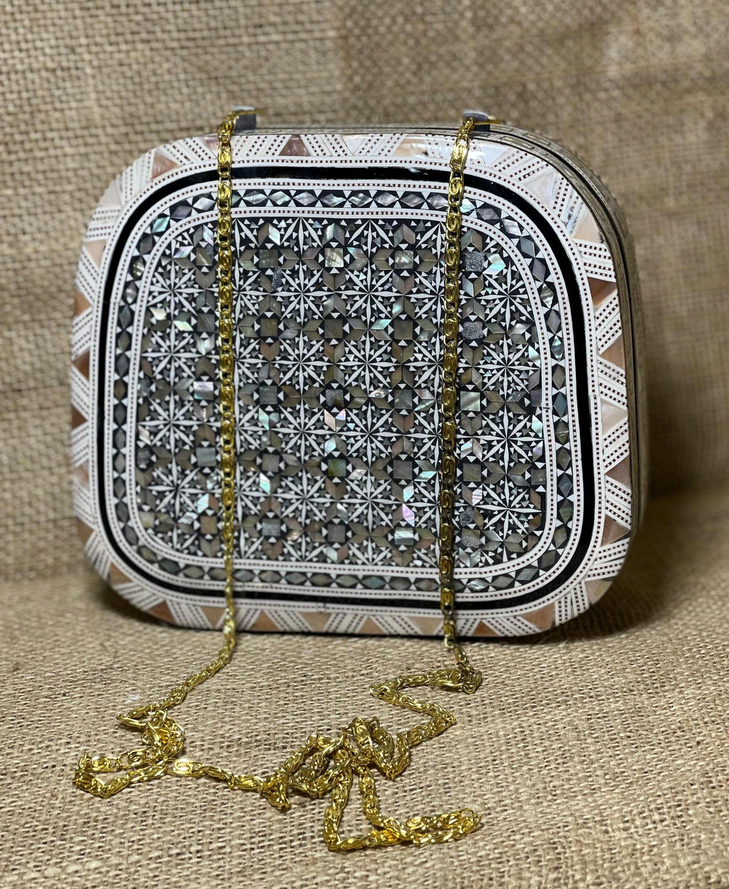 Mother of Pearl Inlaid Clutch Bag: Handmade Mosaic Wooden Bag