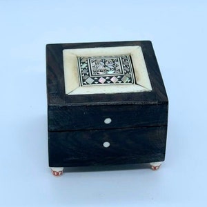 Ebony Wood Jewelry Box, Mother of Pearl inlaid Square Jewelry box, Handmade Arabesque Design Mosaic Top, Andalusian inspired Art, gift idea!