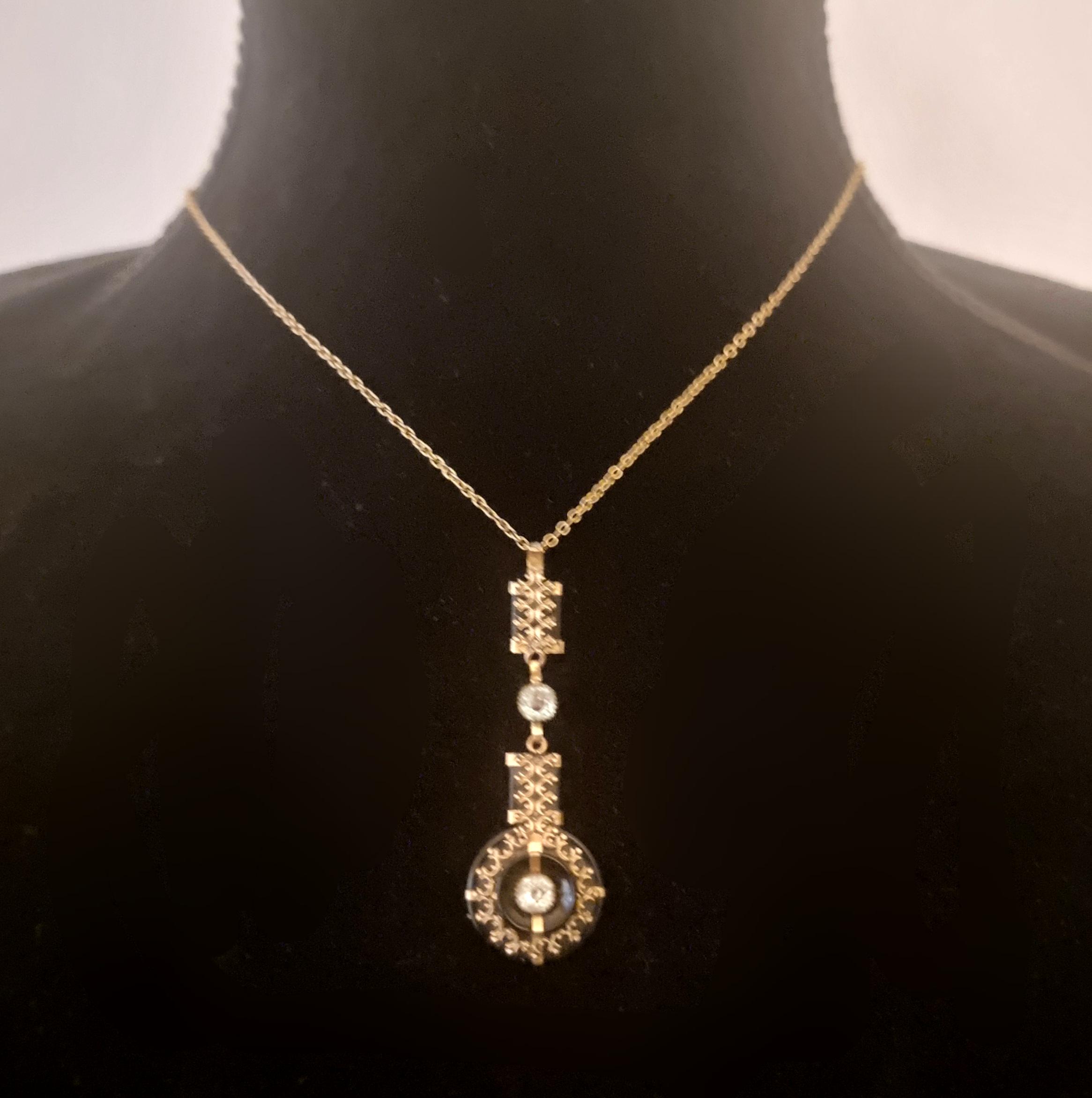 Parure Ancienne (Collier + Boucles D'Oreilles Clip) NAP III - Plaqué Or Et Jais - XIXème - Occasion