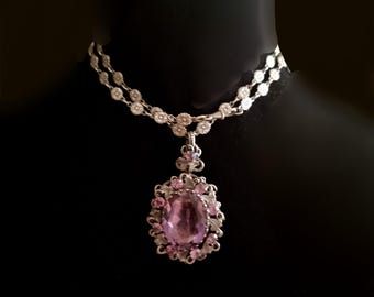 Antique necklace with opening reliquary pendant, 19th century, France, silver metal and rhinestones