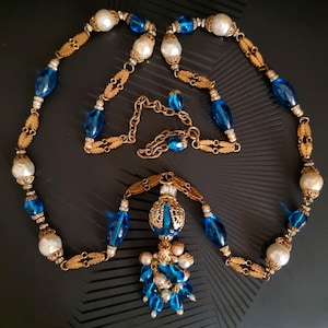 Vintage Couture France sautoir necklace in gold-plated metal and glass beads