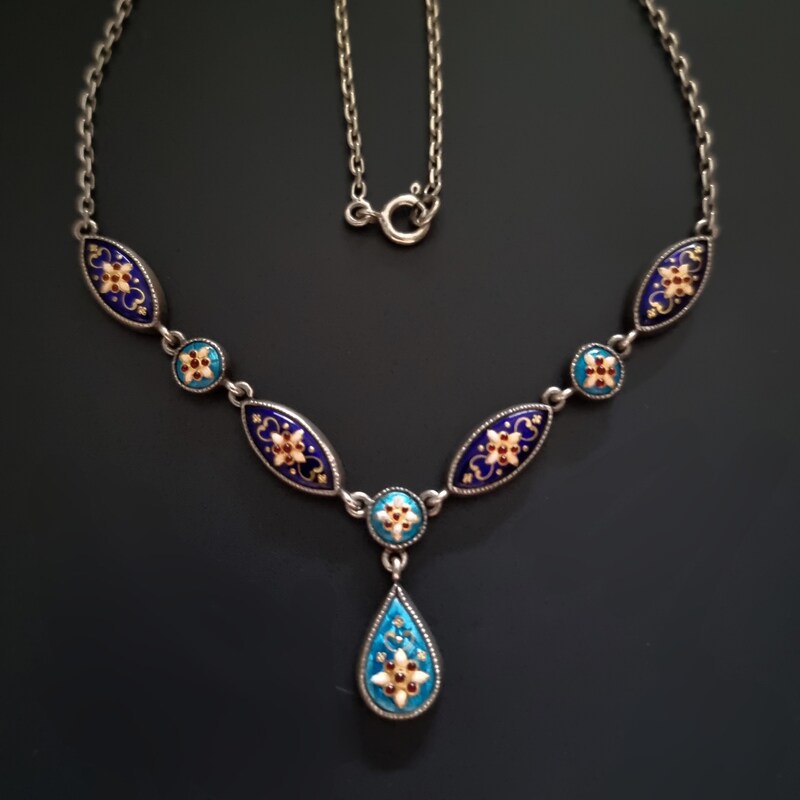 Collier Plastron Vintage En Cuivre Avec émaux Rouges - Bijou D'artiste Occasion - Grand Pendentif