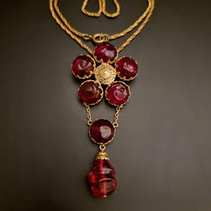 Robert Goossens Gripoix Necklace, Brooch, Pendant Vintage 1950-60, gold metal and Gripoix glass, couture France