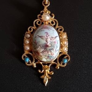 Antique painted miniature pendant necklace, pompom mount decorated with pearls and turquoise cabochons, 1850 France