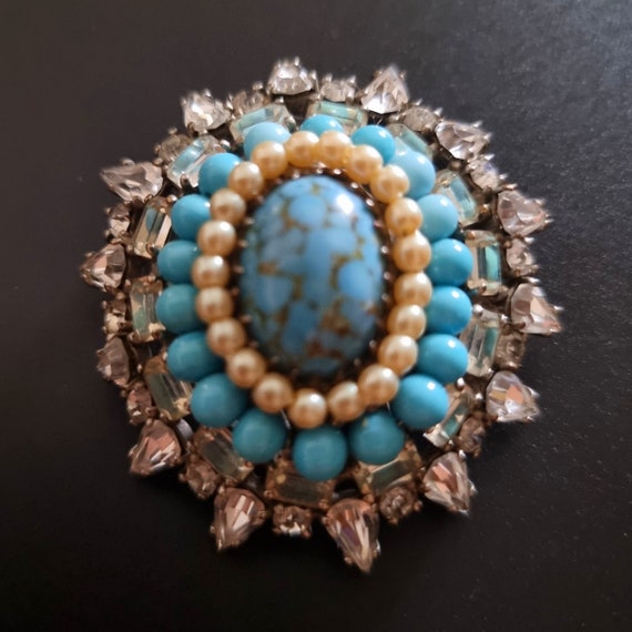 Broche Vintage Rosace Argentée Avec Perles Turquoise - Ancienne, Parfait état