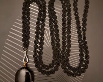 Antique Victorian French jet bead and embroidery necklace, hand-cut, with opening reliquary pendant, 19thC
