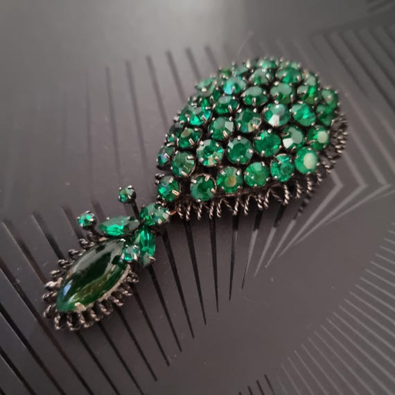 Broche Vintage Française Années 50-60 - Strass En Verre, Métal Argenté, Ornement Doré Et Turquoise
