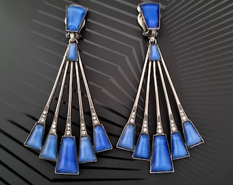 Boucles D'oreilles Pendantes T.Street - Émail Bleu/vert Et Strass - Neuf Sans Boîte