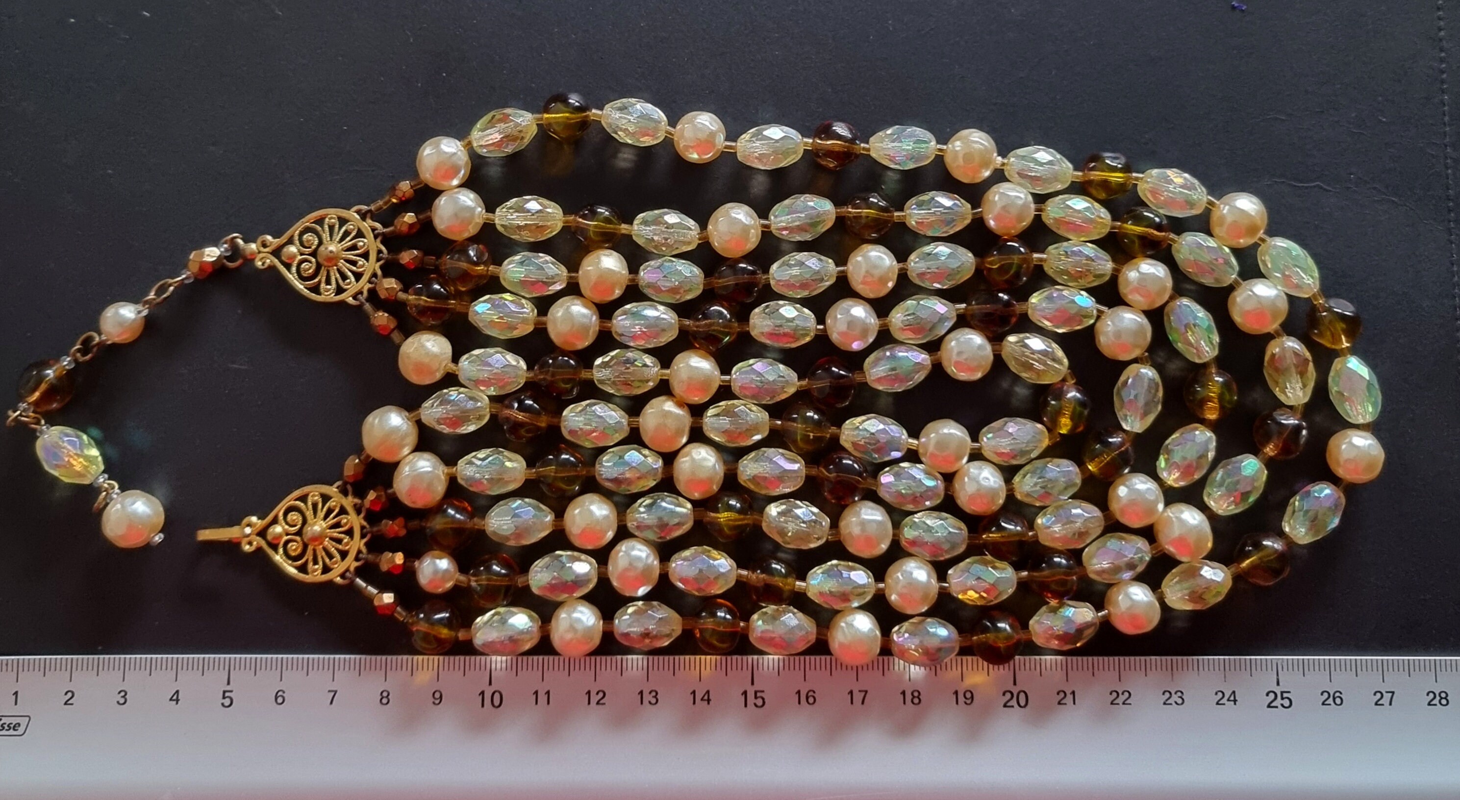 Collier Vintage 3 Rangs Années 1950 - Perles En Verre Bleu Et Doré - France - Rare