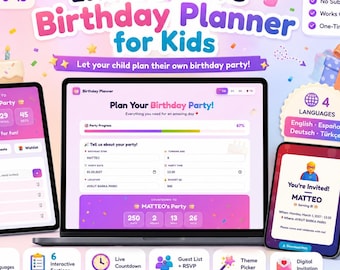 Birthday Party Planner for Kids | 4 Languages En Es De Tr | Interactive Digital Activity, Countdown, Invitation, To-Do | Gift for Kids