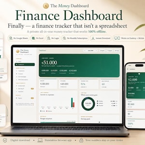 May include: A digital finance dashboard displayed on a laptop and smartphone screen, featuring green and white interface elements, financial charts, and text including The Money Dashboard, Finance Dashboard, and various budget tracking metrics.