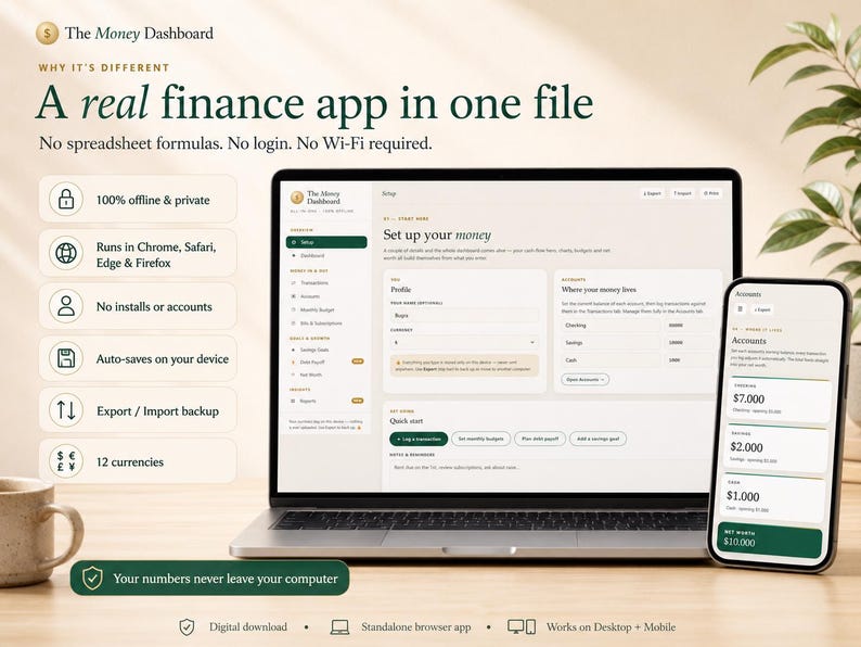 Personal Finance Dashboard | Budget Tracker, Debt Payoff, Net Worth & Savings Planner | No Excel, No Google Sheets, No Login | Works Offline image 4