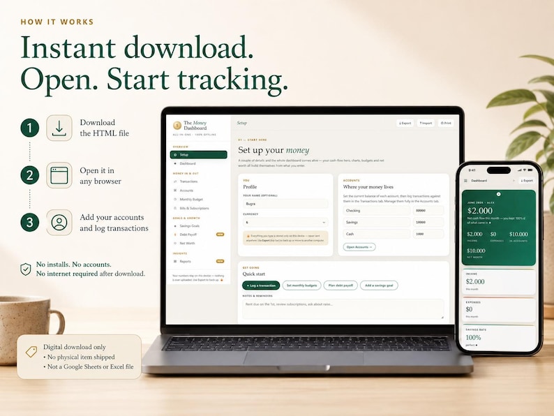 Personal Finance Dashboard | Budget Tracker, Debt Payoff, Net Worth & Savings Planner | No Excel, No Google Sheets, No Login | Works Offline image 2