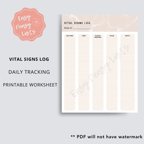 Printable Vital Sign Sheet, Vitals tracker, nursing vitals sheet, intake chart, Health Planner, Blood Pressure Tracker, Pulse