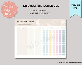 Puede incluir: Una hoja de trabajo imprimible del programa de medicamentos con el título "MEDICATION SCHEDULE" en la parte superior. La hoja de trabajo incluye secciones para medicamentos, dosis, tiempo y una cuadrícula de seguimiento diario. También son visibles las palabras "DAILY TRACKING PRINTABLE WORKSHEET".