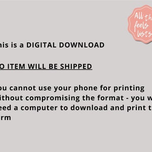 K&ouml;nnte beinhalten: Eine digitale Download-Ank&uuml;ndigung auf hellgrauem Hintergrund. Der Text lautet "Dies ist ein DIGITALER DOWNLOAD" und "KEIN ARTIKEL WIRD VERSENDET". Es wird empfohlen, einen Computer zum Drucken zu verwenden. Ein rosa-wei&szlig;es Blumenlogo befindet sich in der oberen rechten Ecke.