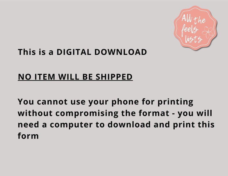 K&ouml;nnte beinhalten: Eine digitale Download-Ank&uuml;ndigung auf hellgrauem Hintergrund. Der Text lautet "Dies ist ein DIGITALER DOWNLOAD" und "KEIN ARTIKEL WIRD VERSENDET". Es wird empfohlen, einen Computer zum Drucken zu verwenden. Ein rosa-wei&szlig;es Blumenlogo befindet sich in der oberen rechten Ecke.