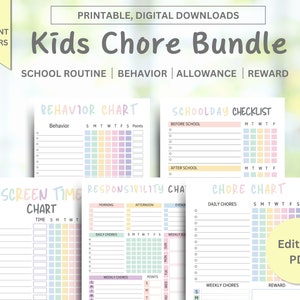 Editable Kids Chore Charts, Reward, Allowance, Screen time, School Routine, Behavior Chart, Consequences, Daily Checklist, Weekly Chores PDF