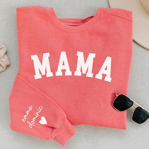 Custom Mama Sweatshirt with Children Name on Sleeve, Crewneck, Custom Neck and Sleeve Design Sweatshirt, Mothers Day, Gift for Mom