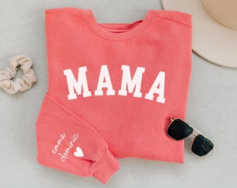 Custom Mama Sweatshirt with Children Name on Sleeve, Crewneck, Custom Neck and Sleeve Design Sweatshirt, Mothers Day, Gift for Mom