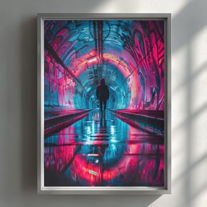 Cyberpunk Neon Tunnel Poster, Futuristic Sci-Fi Urban Wall Art, Synthwave Corridor Reflection Print, Gaming Room Decor, Digital Download
