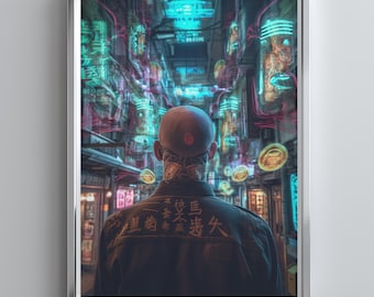 Cyberpunk Neon Alley Poster, Futuristic Japan City Wall Art, Sci-Fi Urban Street Scene Print, Synthwave Decor, Digital Download