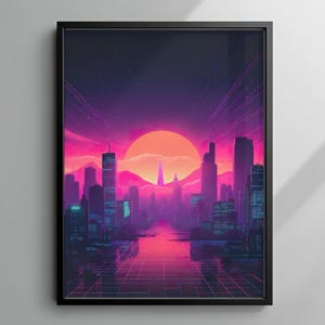 Póster Synthwave City Sunset, Arte mural Retro Neon Skyline, Impresión de paisaje Vaporwave de los 80, Decoración de paisaje urbano futurista, Descarga digital