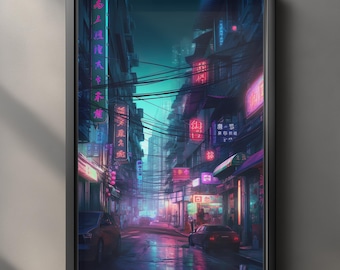 Cyberpunk Synthwave Japan Street Poster, Neon Night City Print, Sci-Fi Urban Wall Art, Digital Download