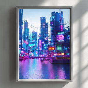 Impresión de paisaje urbano ciberpunk futurista, arte mural de neón, póster de ciudad nocturna, decoración de synthwave, descarga digital