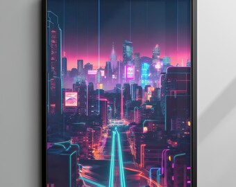 Pôster Synthwave Neon City, Arte de Parede Futura com Horizonte, Impressão Cyberpunk de Paisagem Urbana Noturna, Decoração Vaporwave, Download Digital