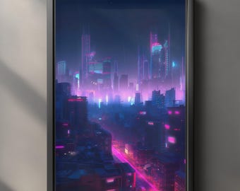 Cyberpunk Neon City Skyline Poster, Futuristic Night Cityscape Wall Art, Synthwave Urban Sci-Fi Print, Vaporwave Decor, Digital Download