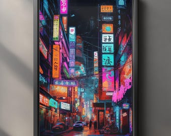 Cyberpunk Neon Japan Street Poster, Futuristic Tokyo Night City Wall Art, Synthwave Urban Sci-Fi Print, Digital Download Decor