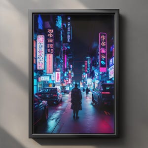 Arte mural ciberpunk imprimible, póster de ciudad de neón, impresión de ciudad nocturna de synthwave, arte callejero futurista de ciencia ficción, descarga digital, decoración de habitaciones