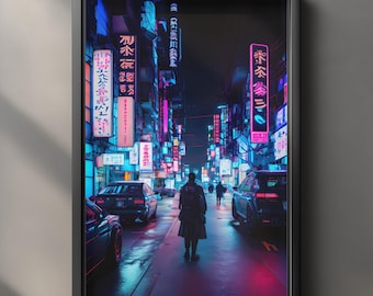 Affiche cyberpunk à imprimer, poster de ville néon, impression synthwave nocturne, art urbain futuriste de science-fiction, téléchargement numérique, décoration de chambre