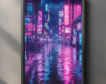 Pôster Cyberpunk de Rua Neon, Arte de Parede Futura com Paisagem Urbana Noturna, Impressão Synthwave Urbana de Ficção Científica, Decoração para Download Digital