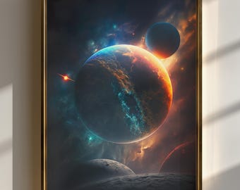 Space Planet Sci-Fi Wall Art Print, Cosmic Universe Poster, Galaxy Landscape Digital Art, Astronomy Wall Decor, Printable Download