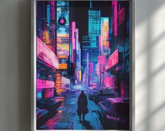 Poster Cyberpunk della città notturna giapponese, stampa futuristica di paesaggio urbano al neon, arte murale urbana fantascientifica, download digitale